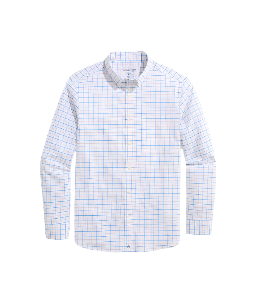 Moorings Tattersall Perf Cotton Shirt Peach/Cream