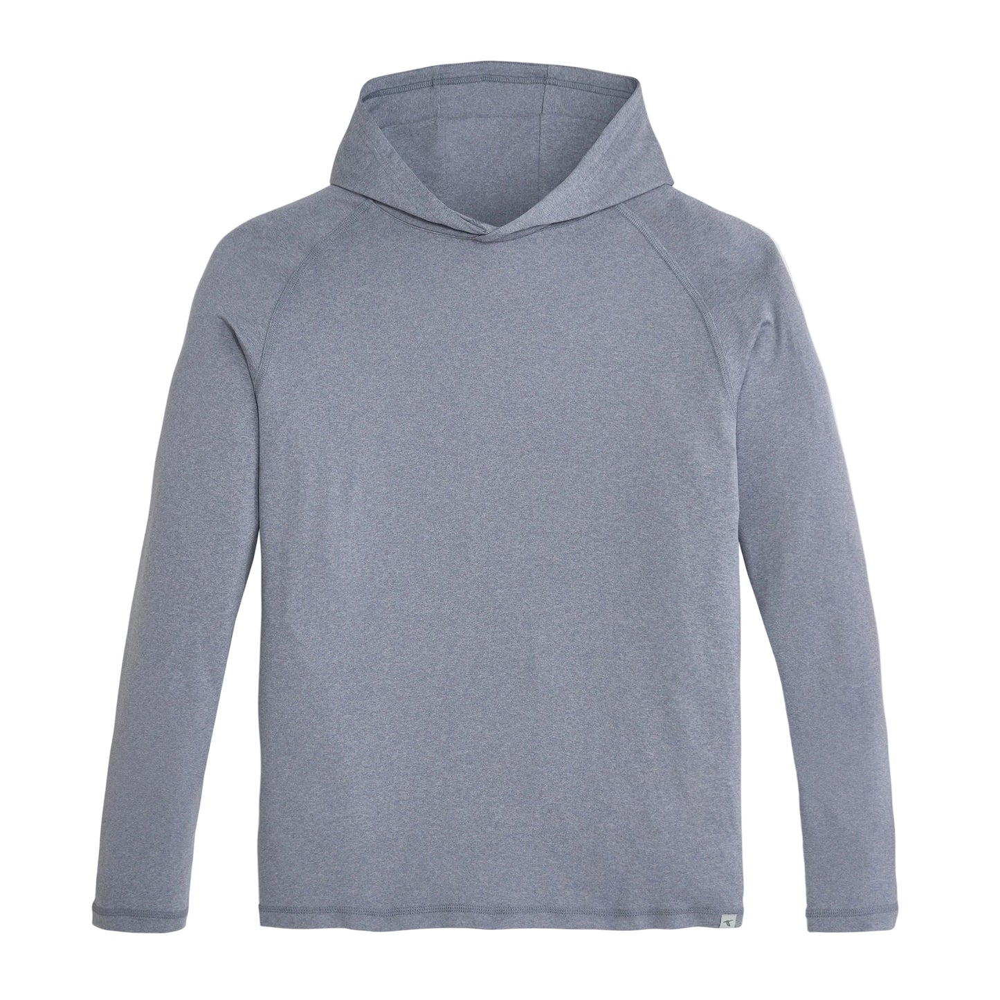 Men's heather blue pullover hoodie with raglan sleeves and no drawstring