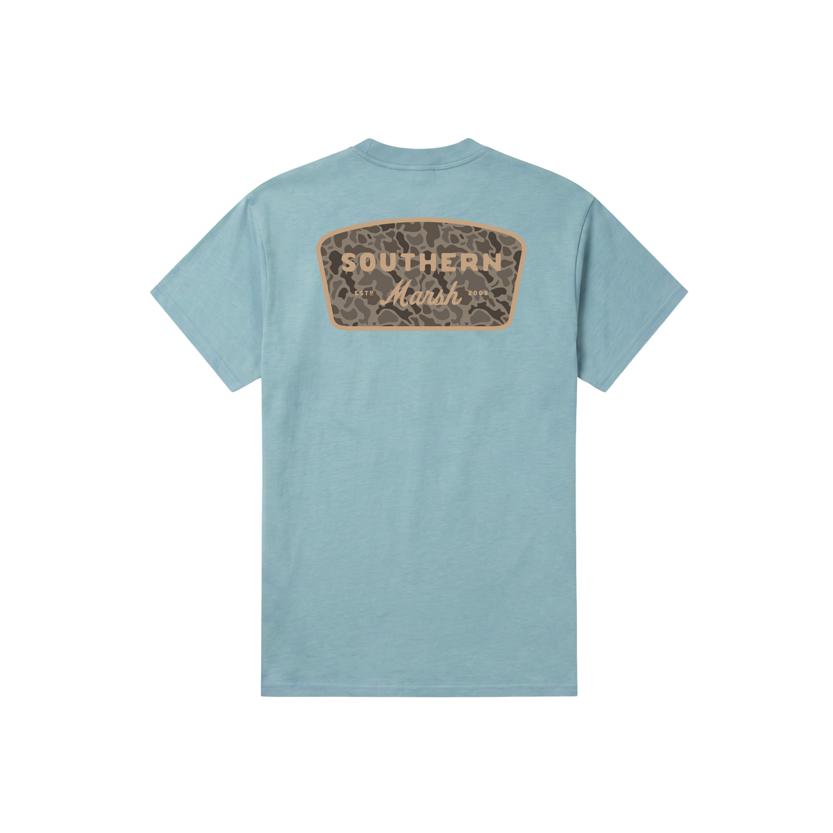 Light blue short sleeve tee with retro camo patch logo on back Southern Marsh