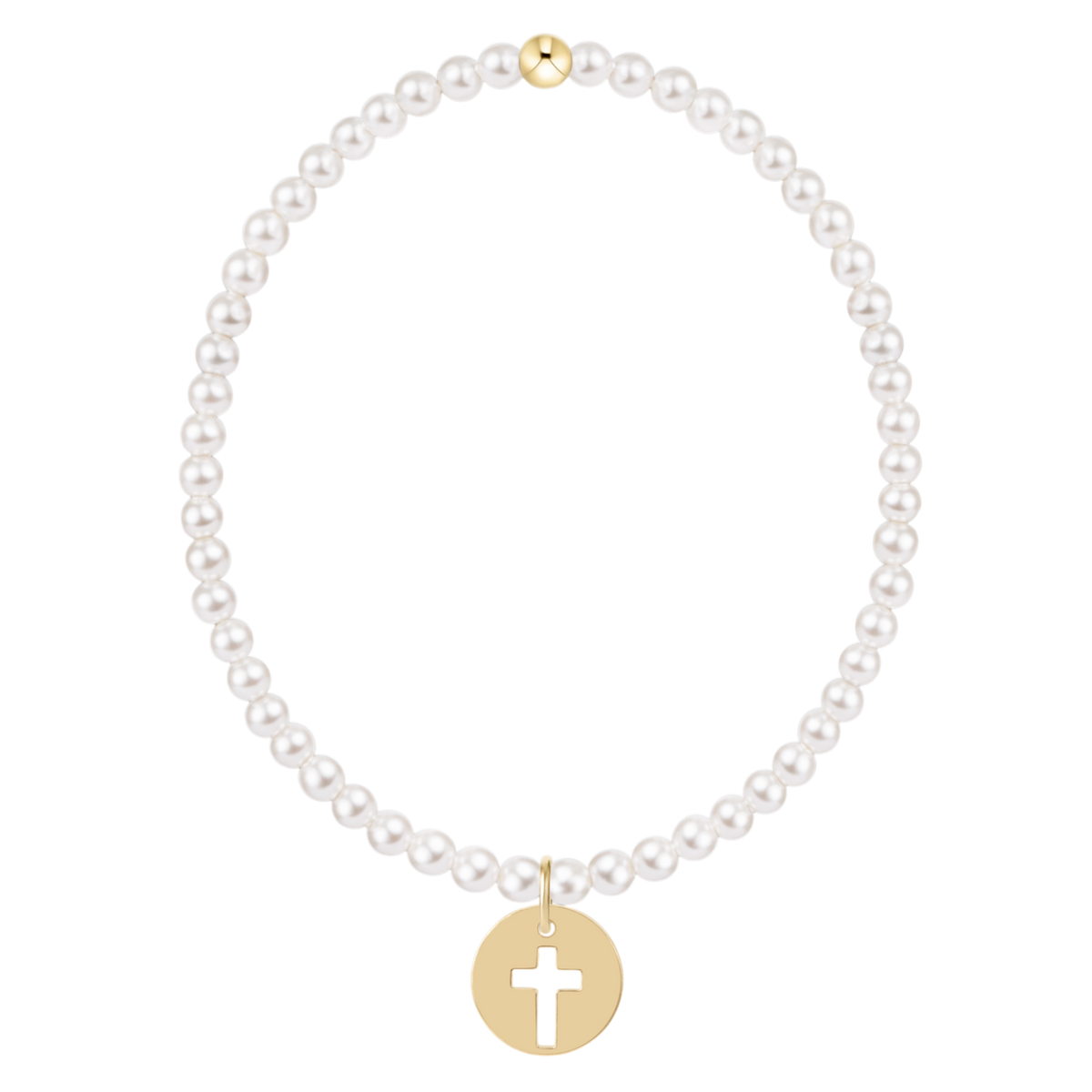 White pearl stretch bracelet with gold cross disc charm and gold accent bead