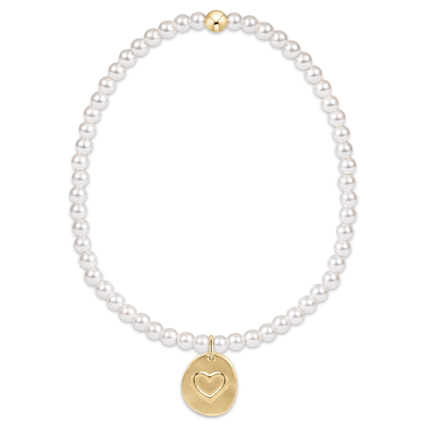 White pearl beaded bracelet with gold heart disc charm and gold magnetic clasp