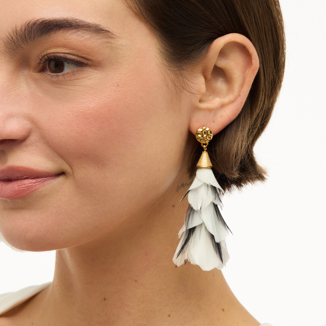 Brackish Angela gold dome stud earring with layered white and black feather drop