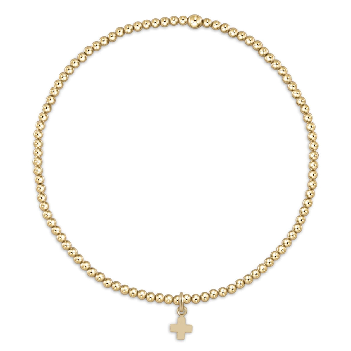 Gold beaded stretch bracelet with small gold cross charm pendant