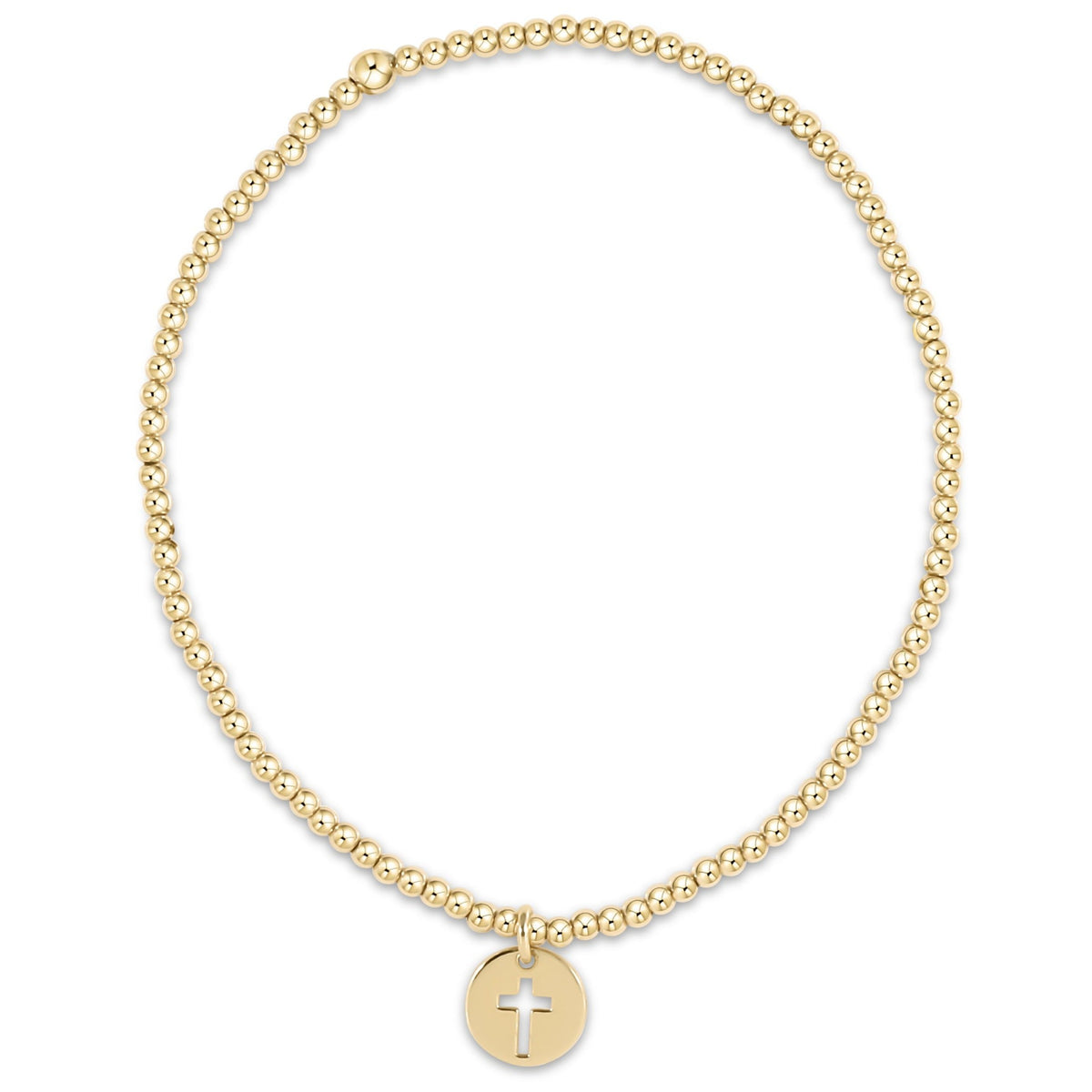 Gold beaded stretch bracelet with cross cutout disc charm, 2mm gold-filled beads
