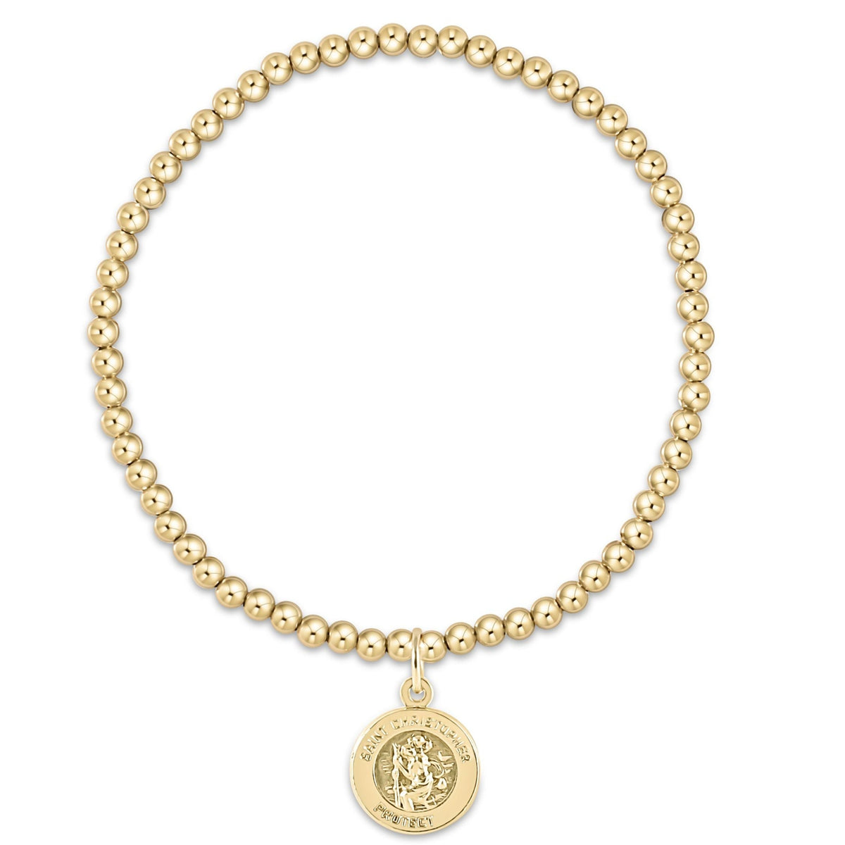 Gold beaded stretch bracelet with Saint Christopher round disc charm pendant