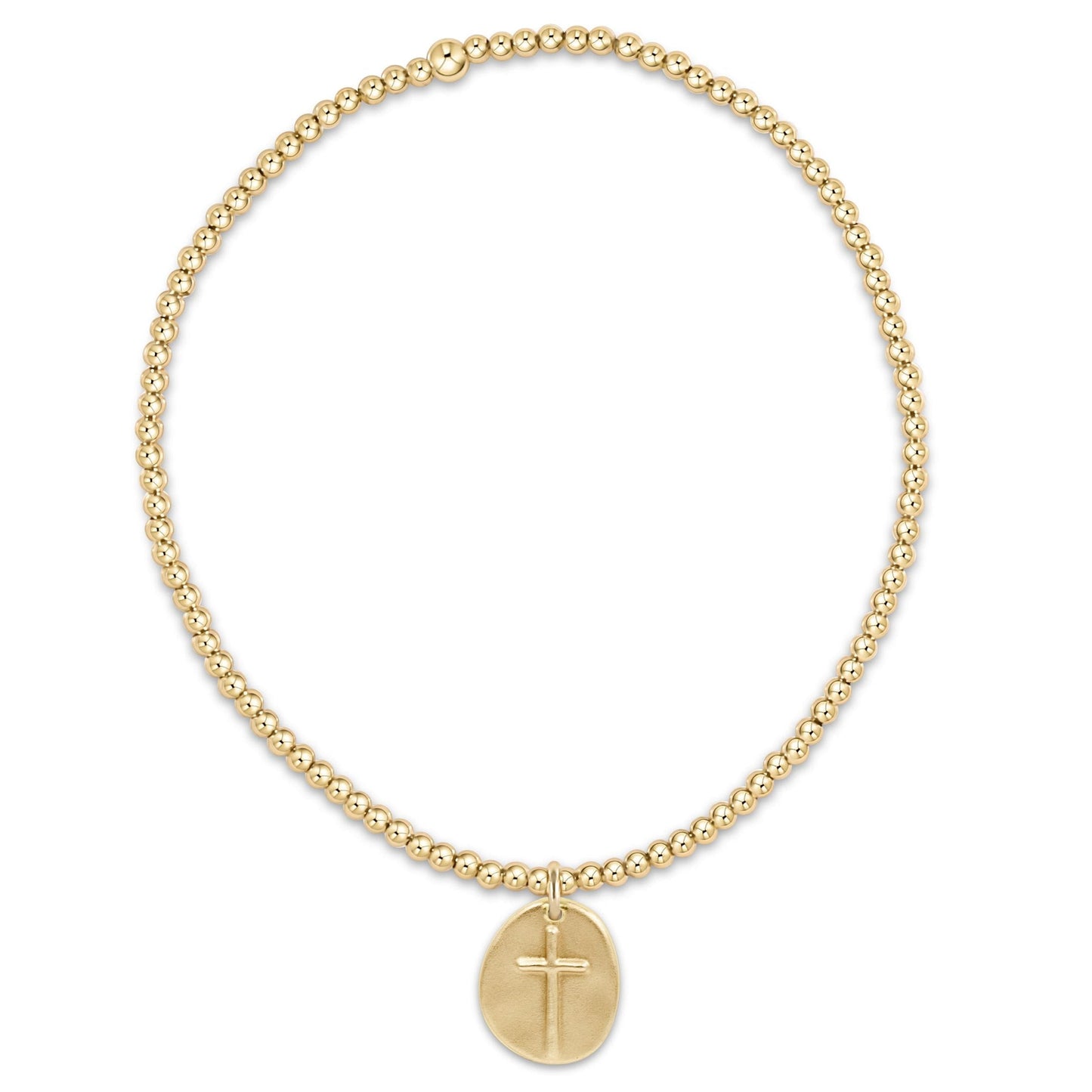 Gold beaded stretch bracelet with engraved cross medallion charm pendant