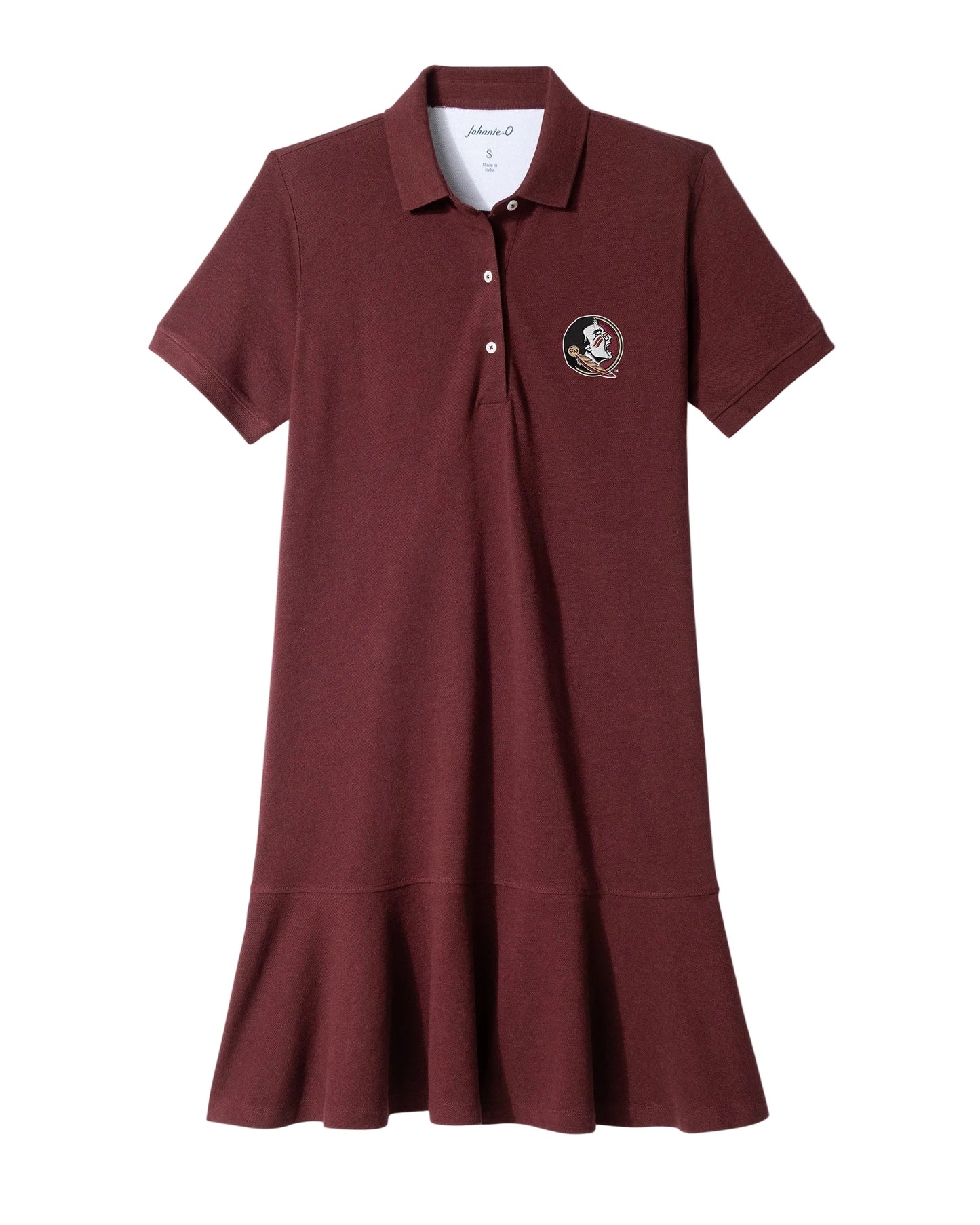 Maroon FSU logo polo dress with ruffle hem, short sleeves, and button collar