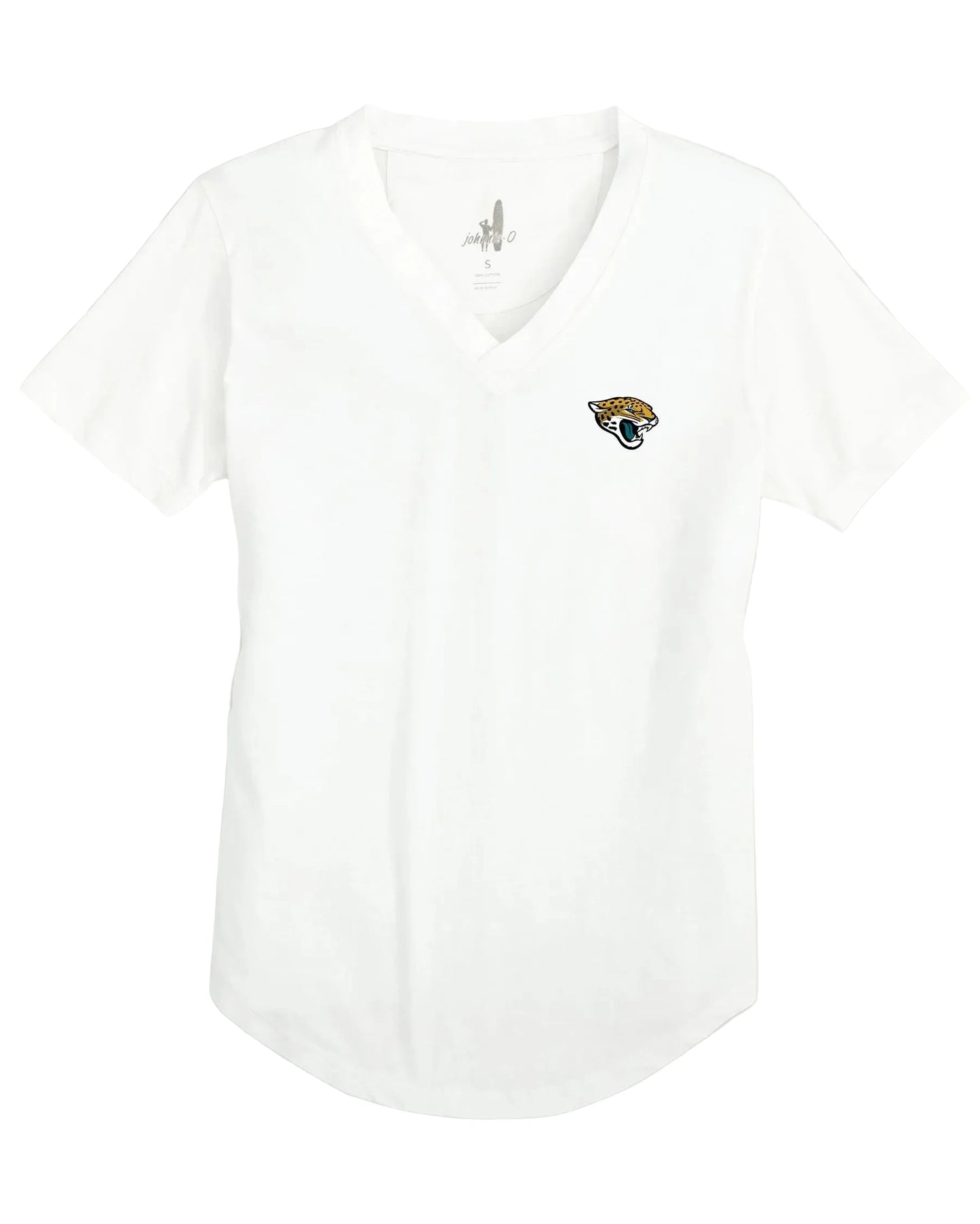 White women's v-neck t-shirt with small Jacksonville Jaguars embroidered logo on chest