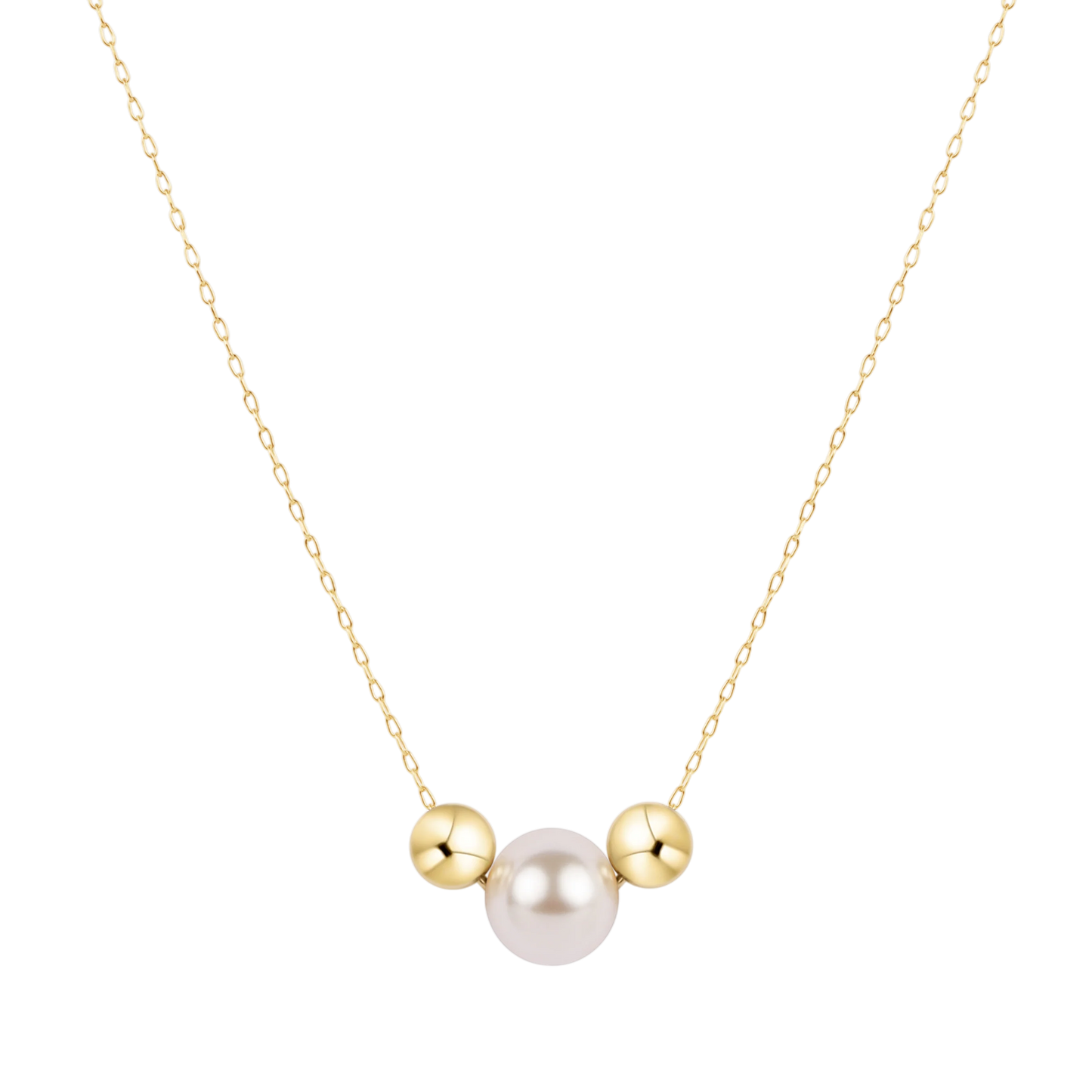 Gold chain necklace with center white pearl flanked by two gold ball beads