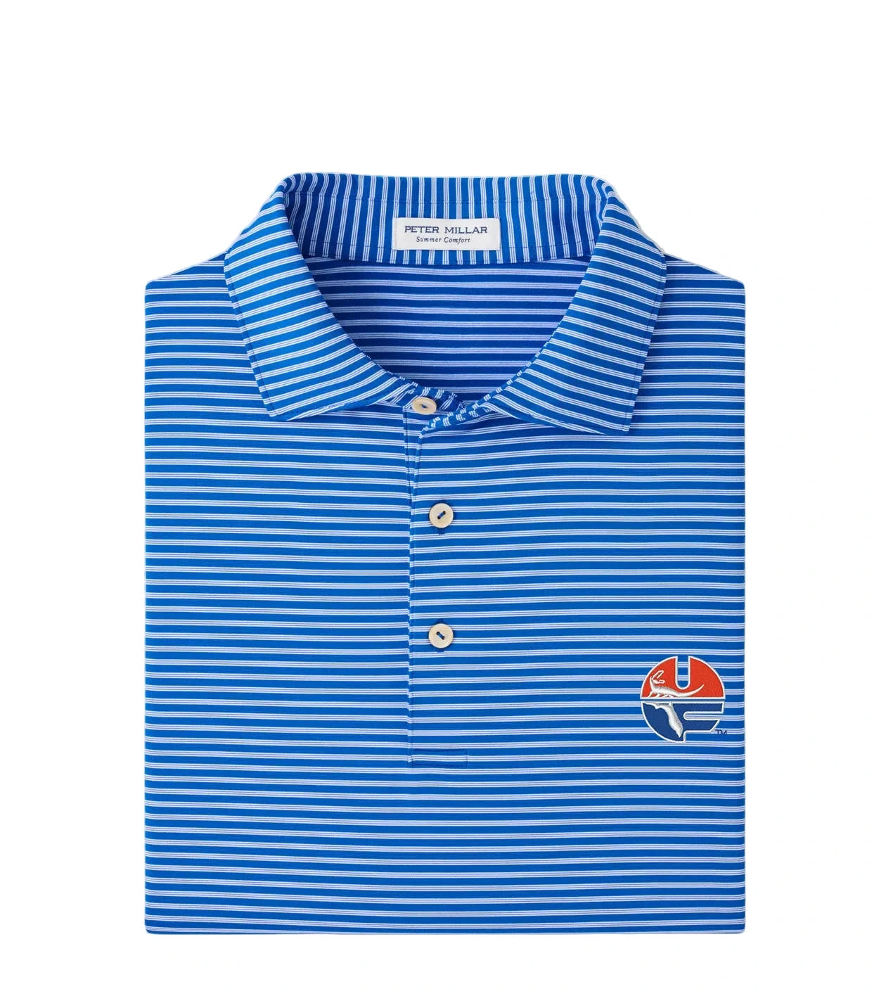 Peter Millar blue striped polo shirt with UF Vault logo embroidered on chest