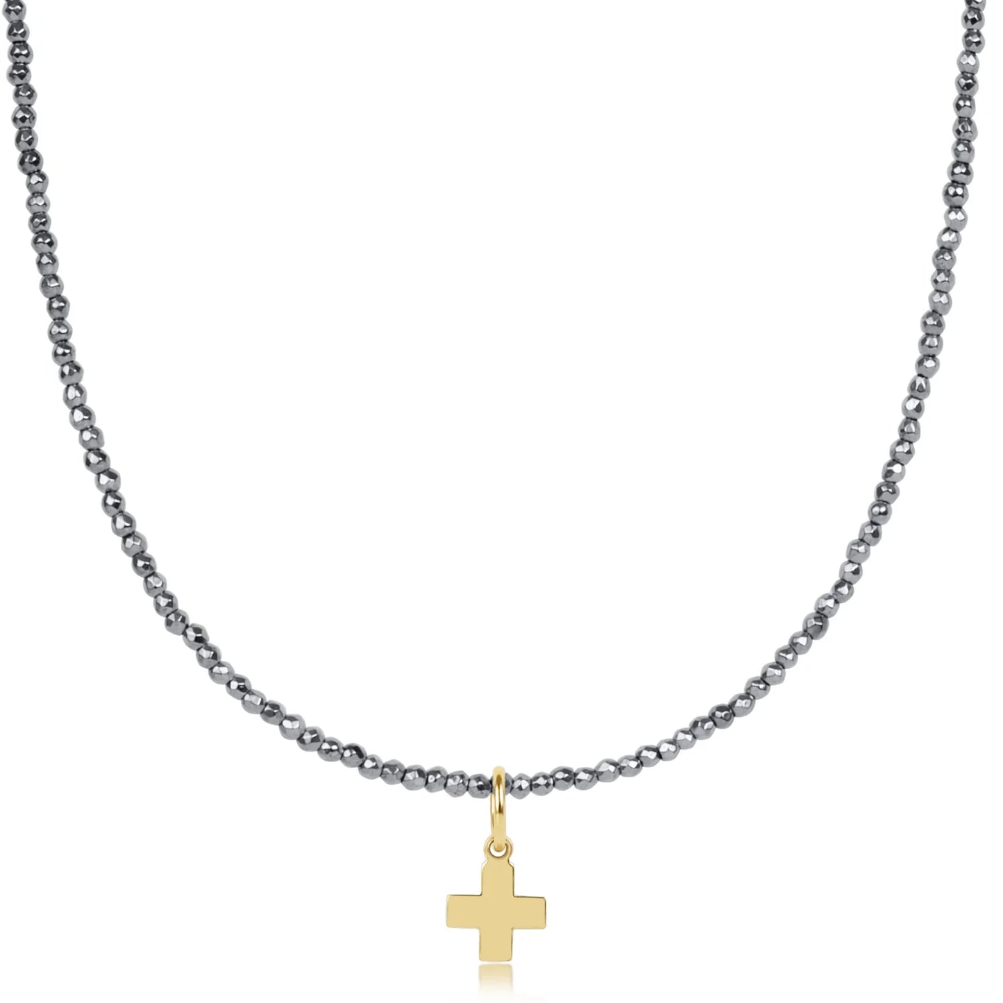 15" Choker Silver Faceted Hematite 2mm Bead Signature Cross Gold Charm