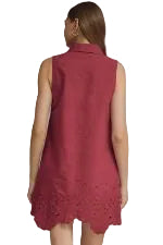 Ws Sleeveless Scallop Trim Eyelet Hem Dress Wine