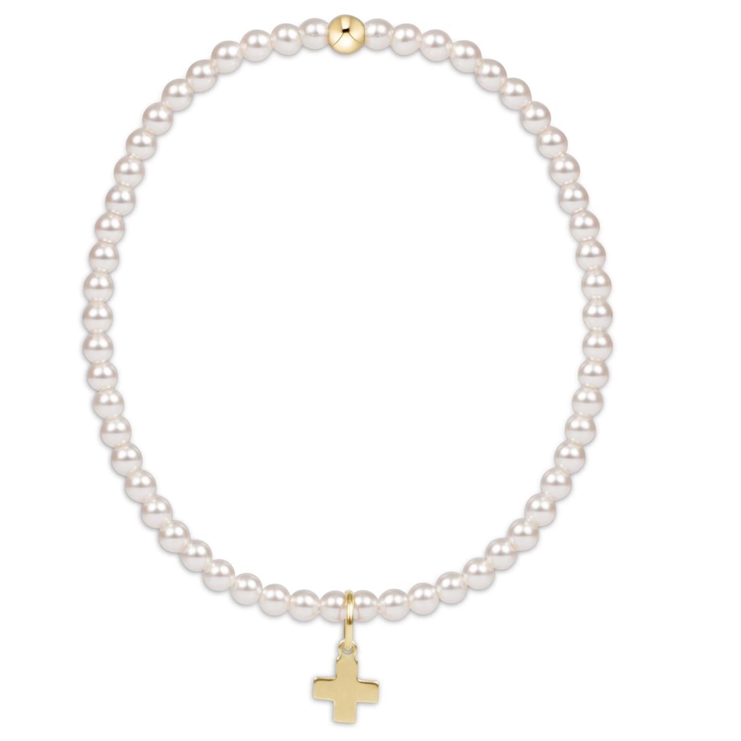 Extends Classic Pearl 3mm Bead Bracelet Signature Cross Gold Charm