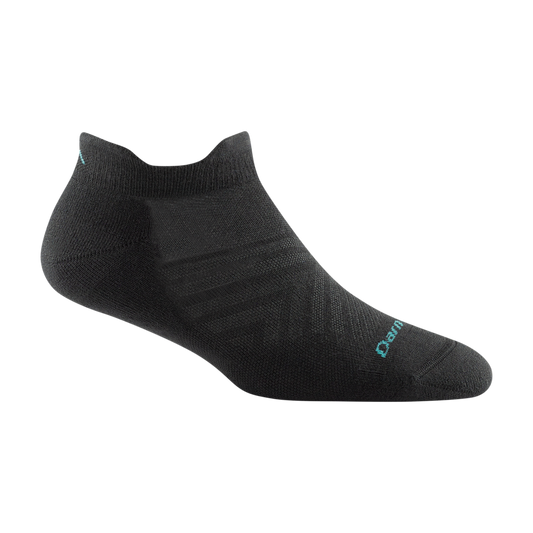 Darn Tough women's black no-show running sock with teal logo detail
