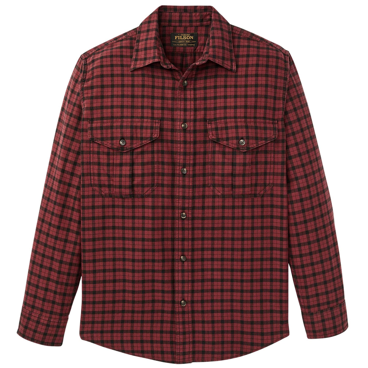 Filson red black plaid long sleeve button-down shirt with dual chest pockets