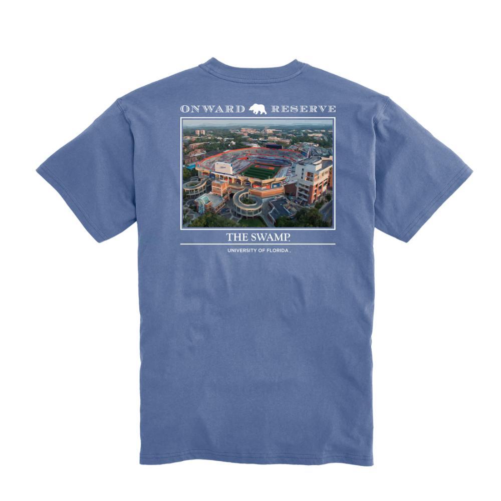 Blue short sleeve t-shirt back with aerial stadium photo and The Swamp University of Florida text