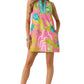 Pink chinoiserie print sleeveless mini shift dress with teal collar trim and side pockets