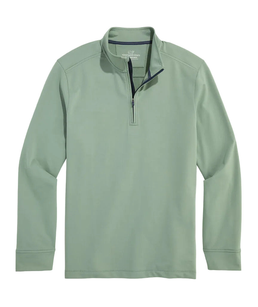 Vineyard Vines sage green quarter-zip performance pullover with mock neck and navy zipper