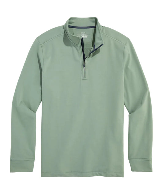Vineyard Vines sage green quarter-zip performance pullover with mock neck and navy zipper