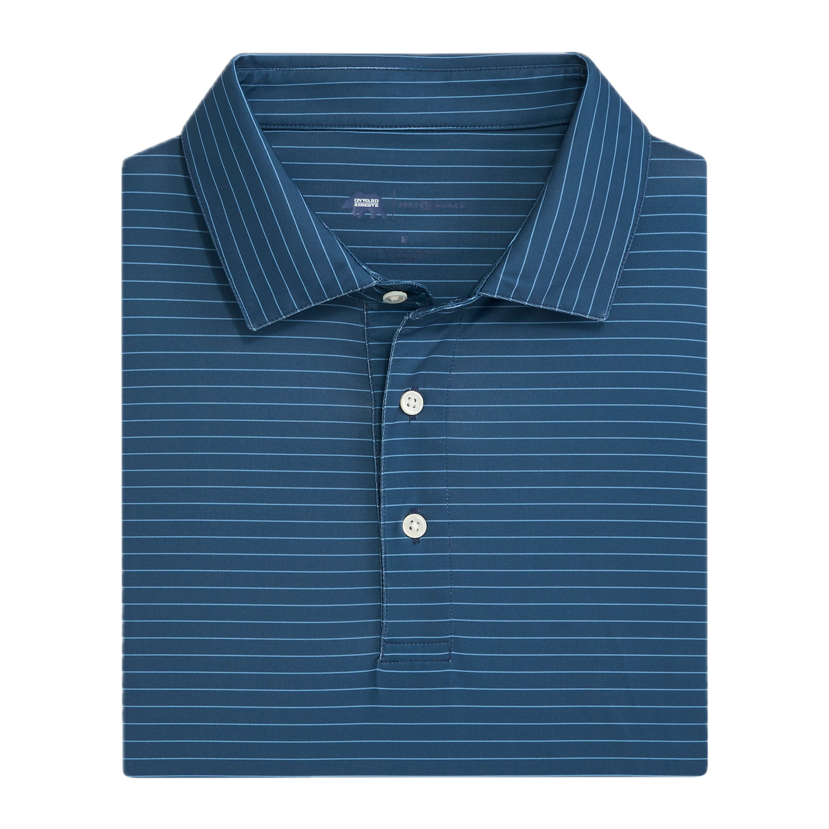 Folded navy blue striped performance polo shirt with white buttons and collar