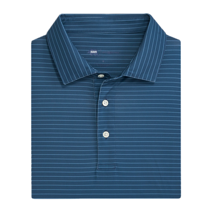 Folded navy blue striped performance polo shirt with white buttons and collar