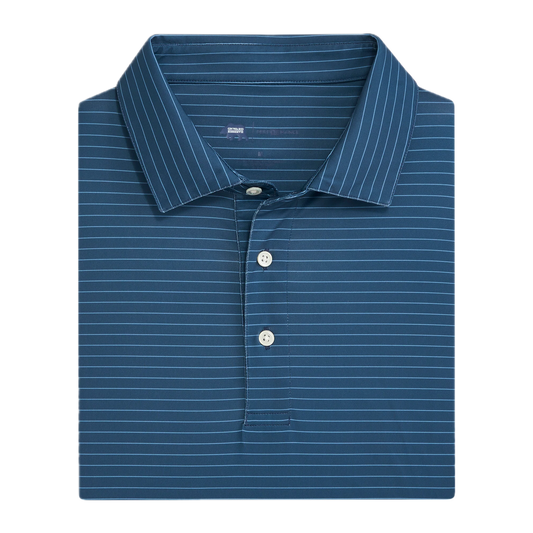Folded navy blue striped performance polo shirt with white buttons and collar
