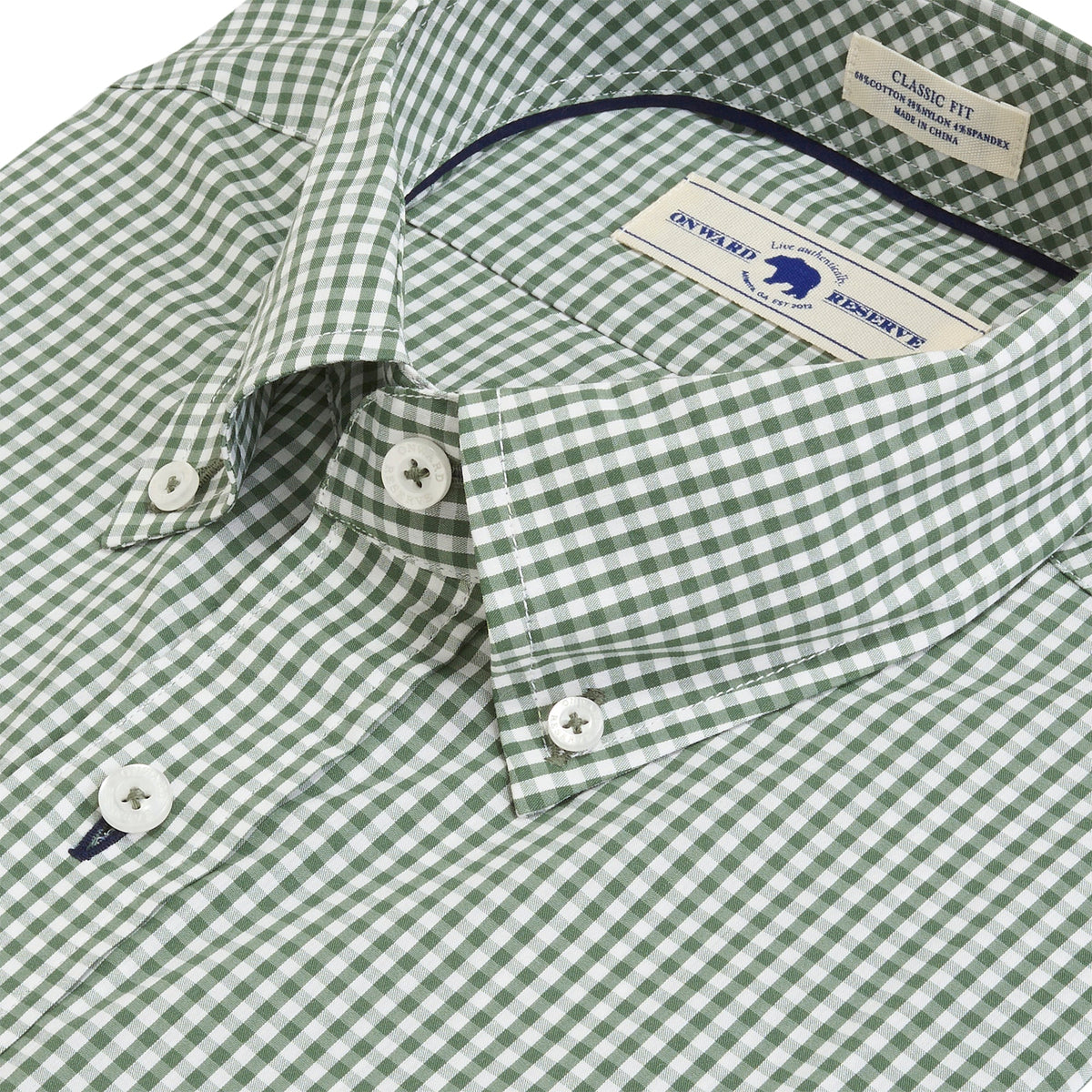Green and white gingham check classic fit button-down shirt with button-down collar