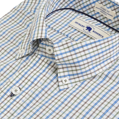 Onward Reserve classic fit plaid shirt in blue green and brown check pattern