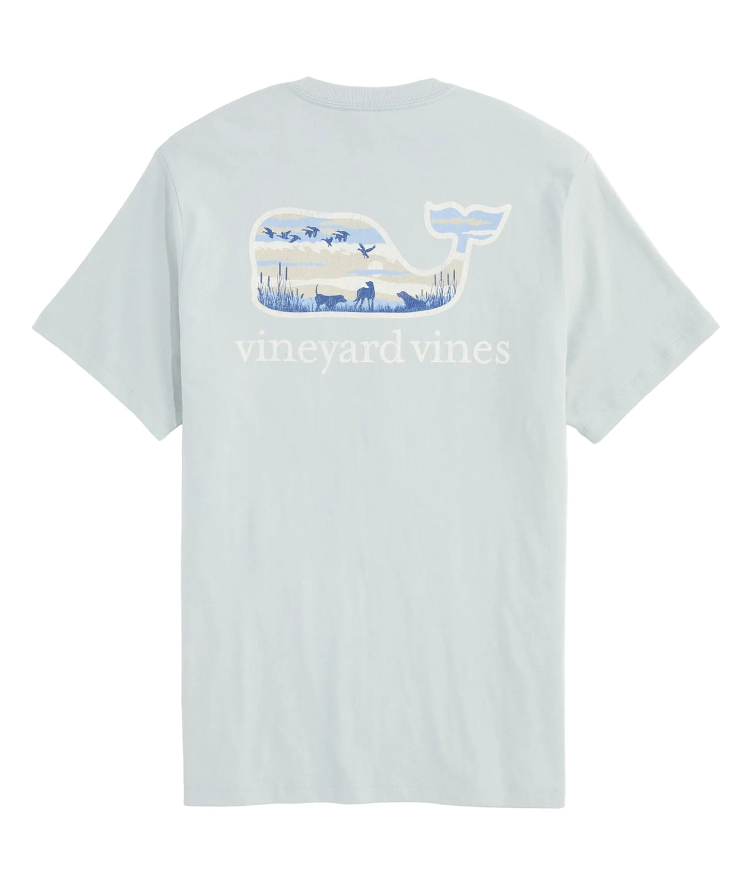 Vineyard Vines light blue short-sleeve tee with duck hunt whale graphic on back