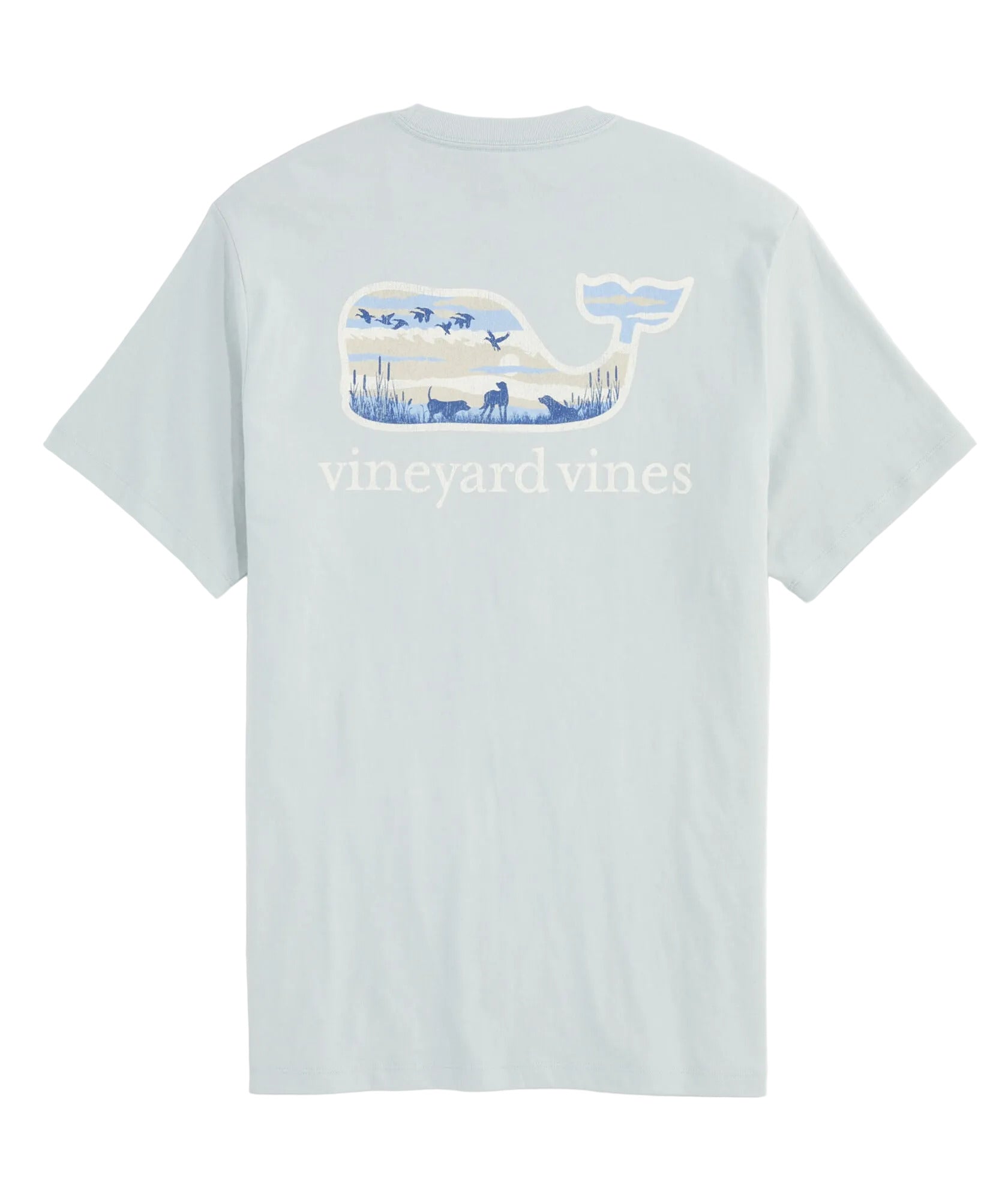 Vineyard Vines light blue short-sleeve tee with duck hunt whale graphic on back