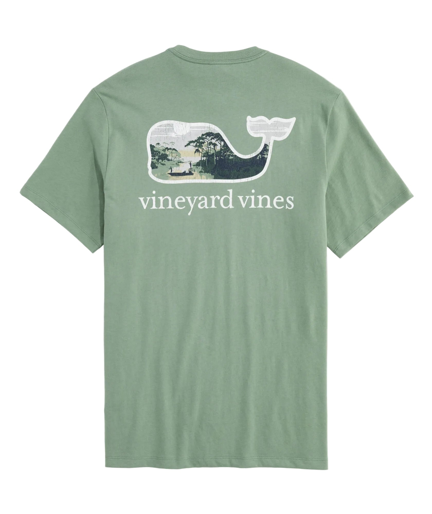 Vineyard Vines sage green short-sleeve tee with lowcountry whale graphic on back