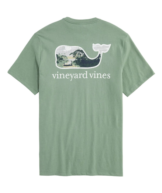 Vineyard Vines sage green short-sleeve tee with lowcountry whale graphic on back