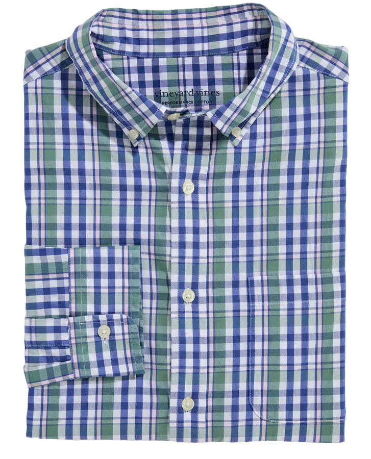 Vineyard Vines folded plaid button-down shirt in green, navy, and white check pattern