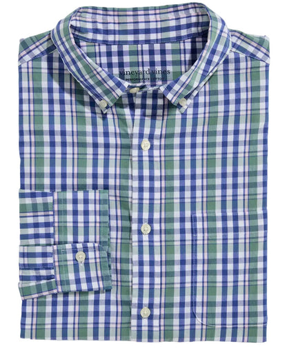 Vineyard Vines folded plaid button-down shirt in green, navy, and white check pattern