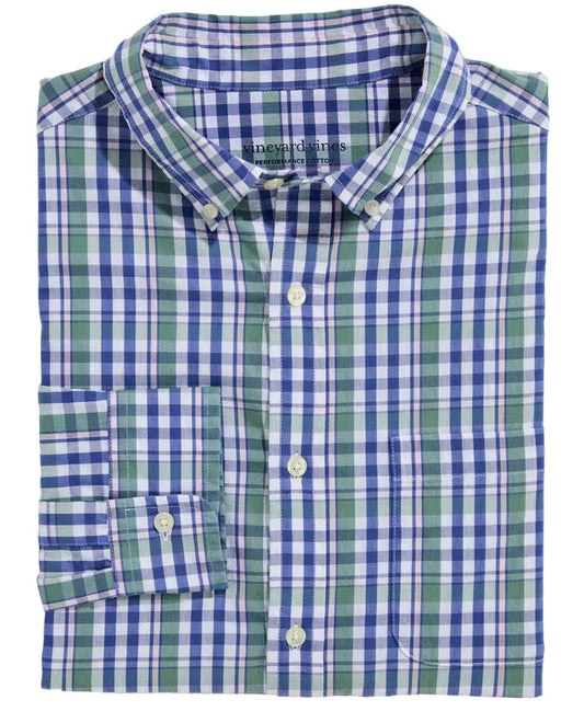 Vineyard Vines folded plaid button-down shirt in green, navy, and white check pattern