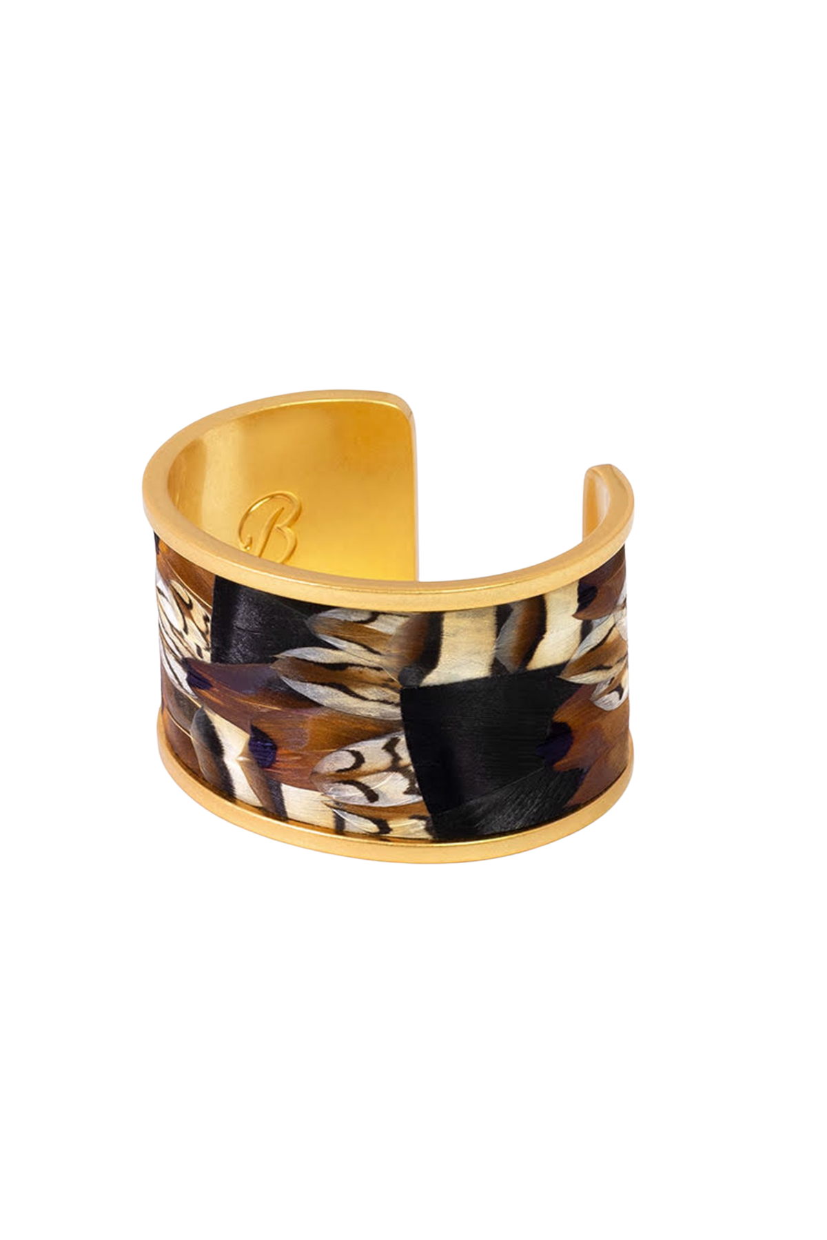 Gold-tone wide cuff bracelet with mixed feather pattern in brown, black, and cream