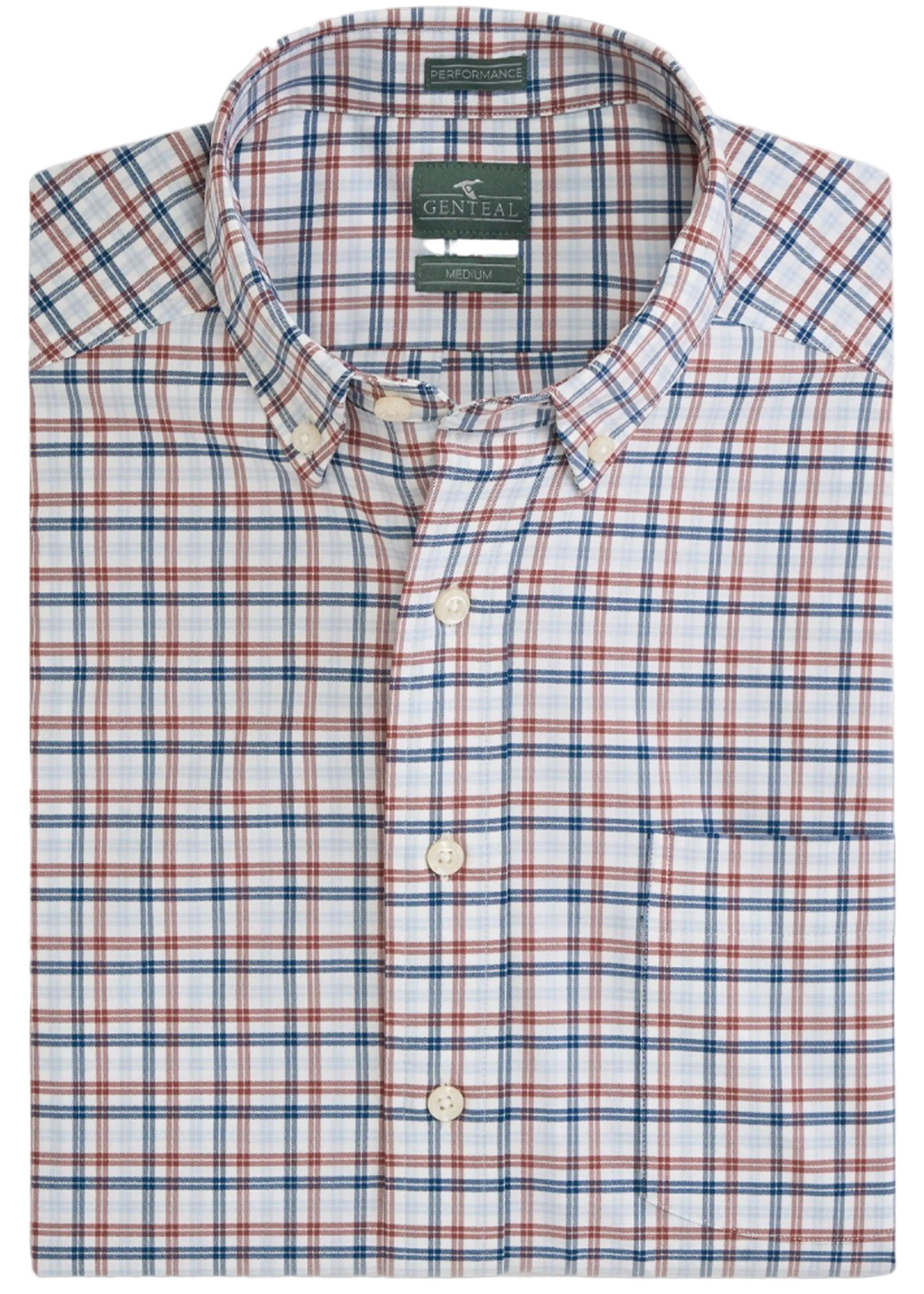 Genteal Eaton Performance button-down shirt in red, white, and blue plaid check