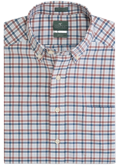 Genteal Eaton Performance button-down shirt in red, white, and blue plaid check