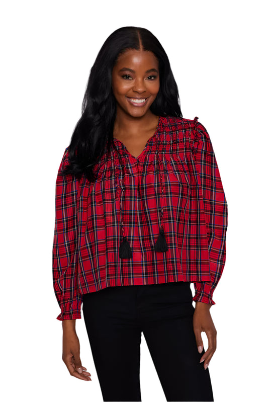 Ws Tassel LS Blouse Red Tartan