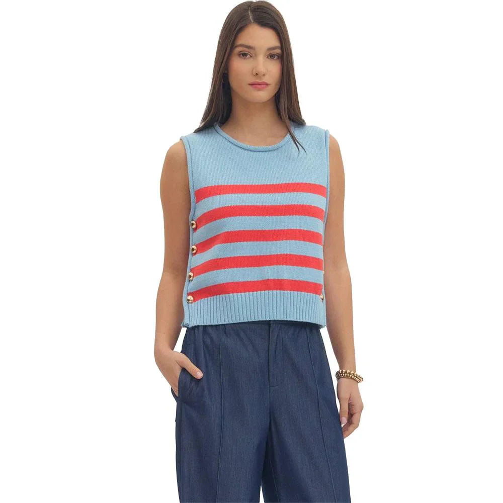 Ws Stripe Sleeveless Knit Top with Gold Button Side Detail Blue