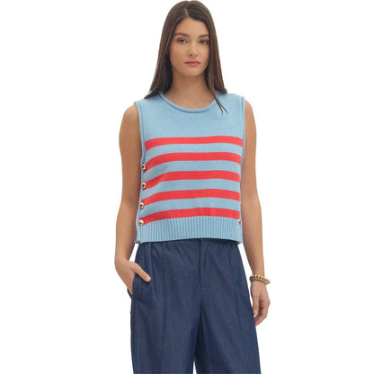 Ws Stripe Sleeveless Knit Top with Gold Button Side Detail Blue