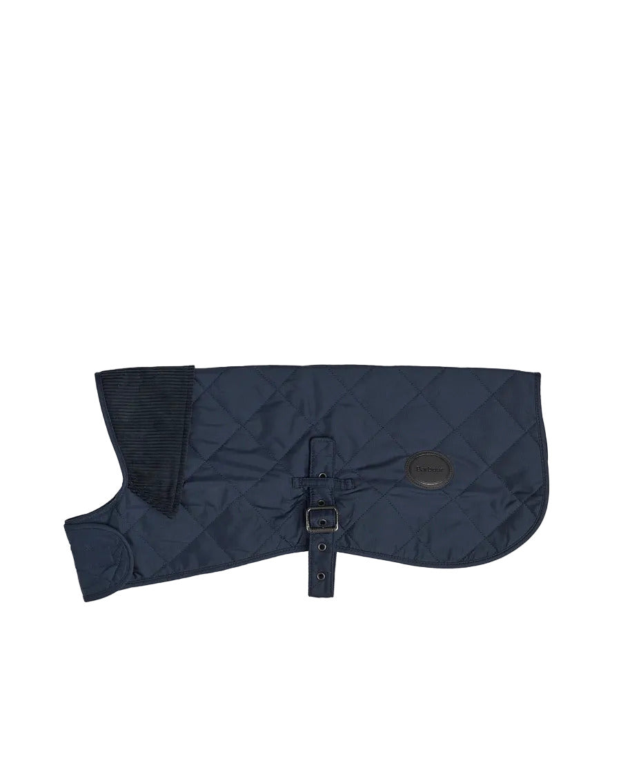 Barbour quilted navy blue dog coat with buckle strap and corduroy collar trim