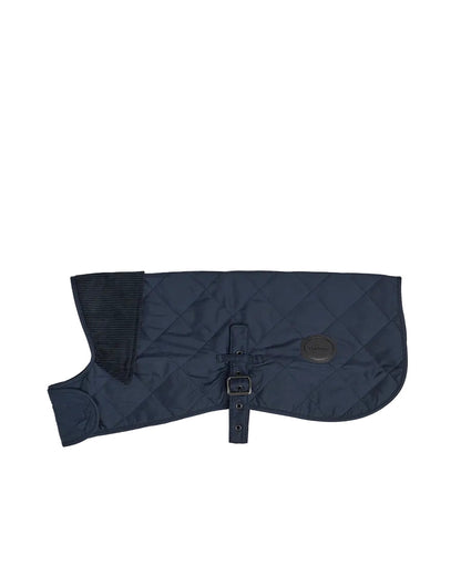 Barbour quilted navy blue dog coat with buckle strap and corduroy collar trim
