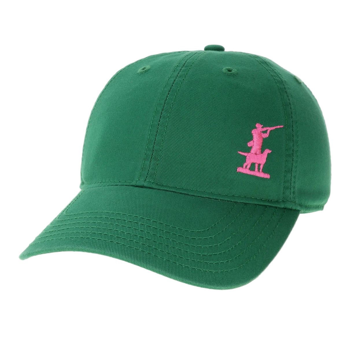 Green cotton twill baseball cap with pink hunter and dog embroidered logo