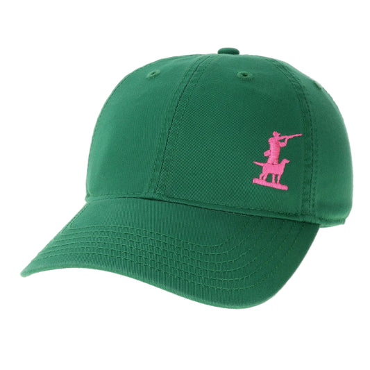 Green cotton twill baseball cap with pink hunter and dog embroidered logo