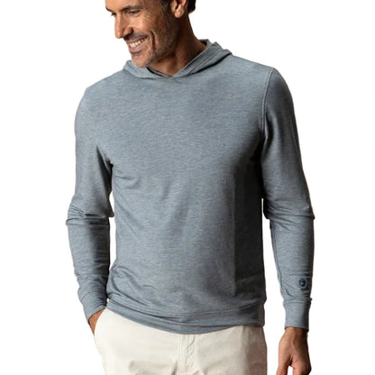 Men's gray heathered lightweight hooded pullover with long sleeves and hood