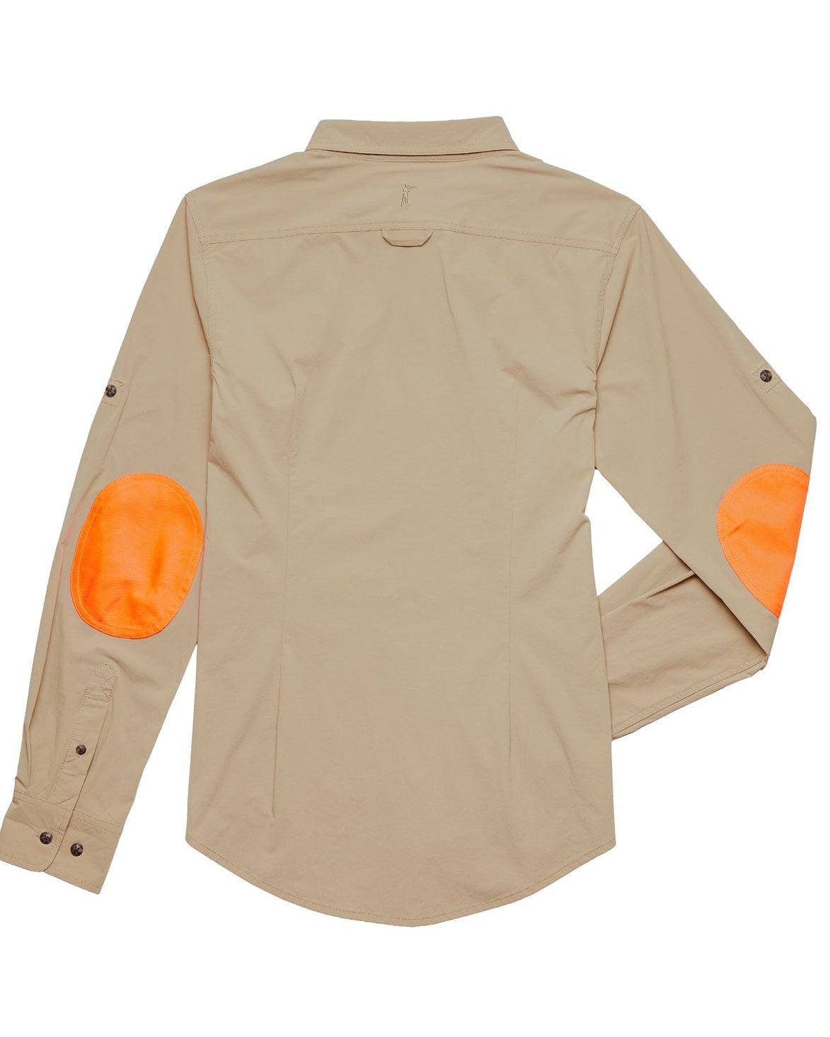 Back view of tan women's field shirt with blaze orange elbow patches and roll-tab sleeves