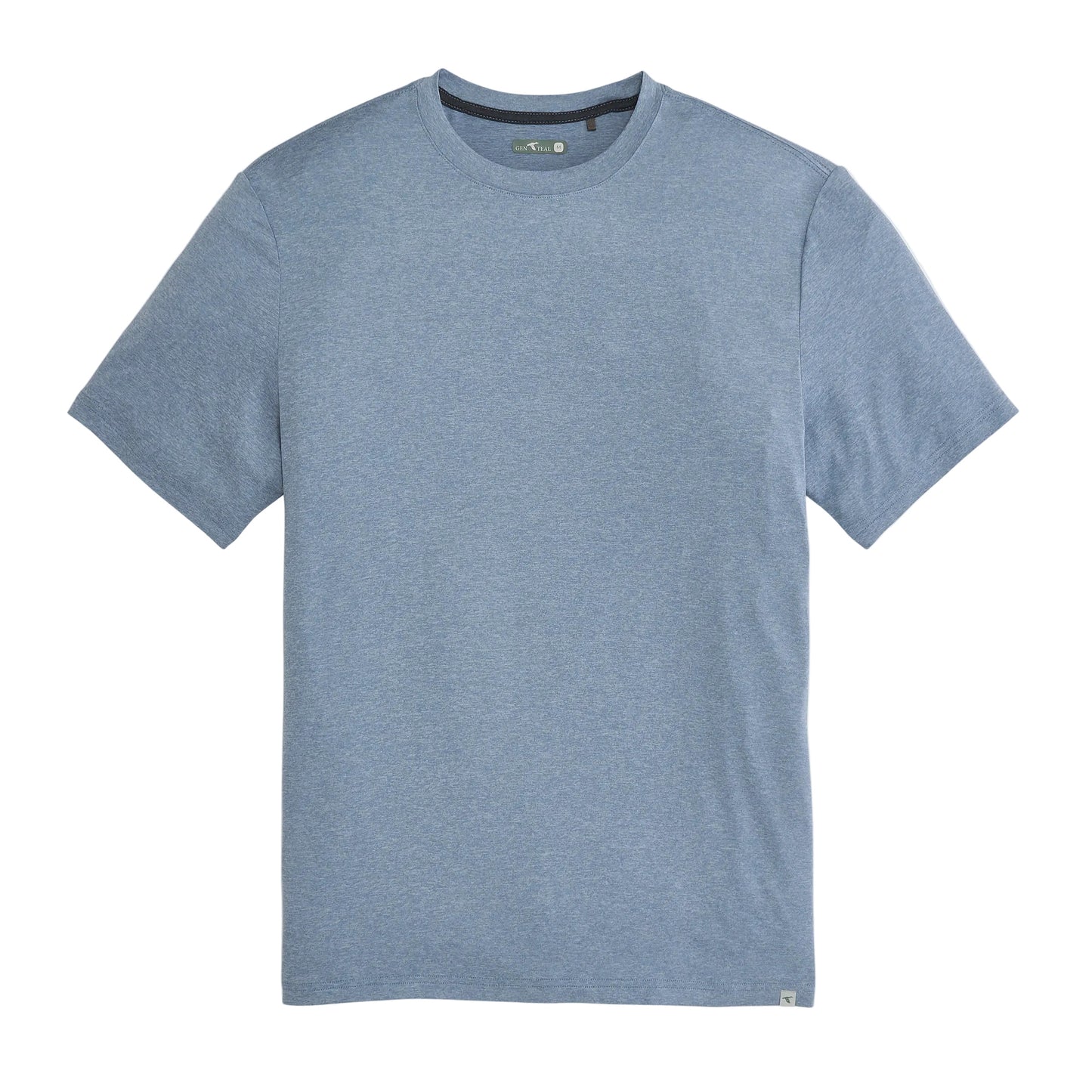 Heathered steel blue short-sleeve crew neck t-shirt with GenTeal label