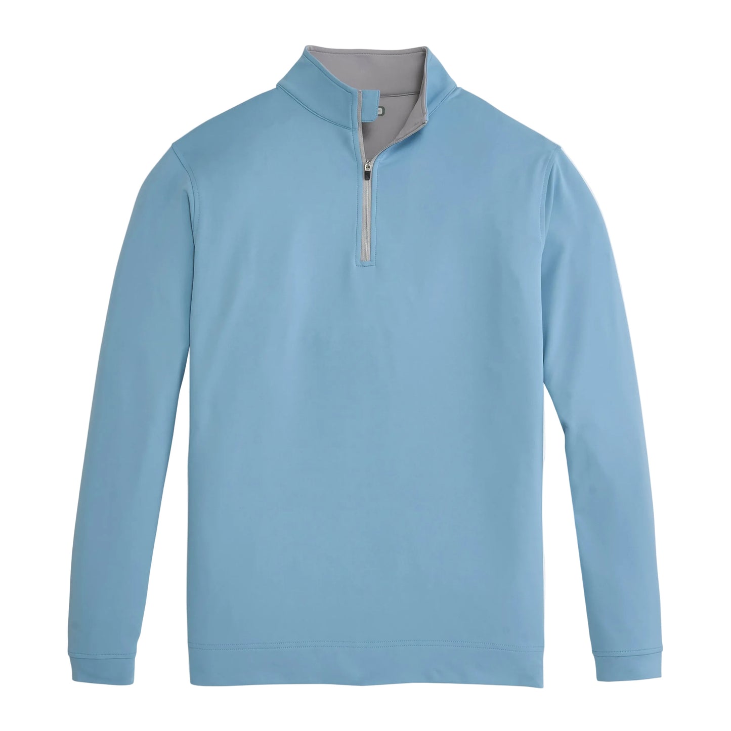 Light blue quarter-zip pullover with gray collar lining and silver zipper
