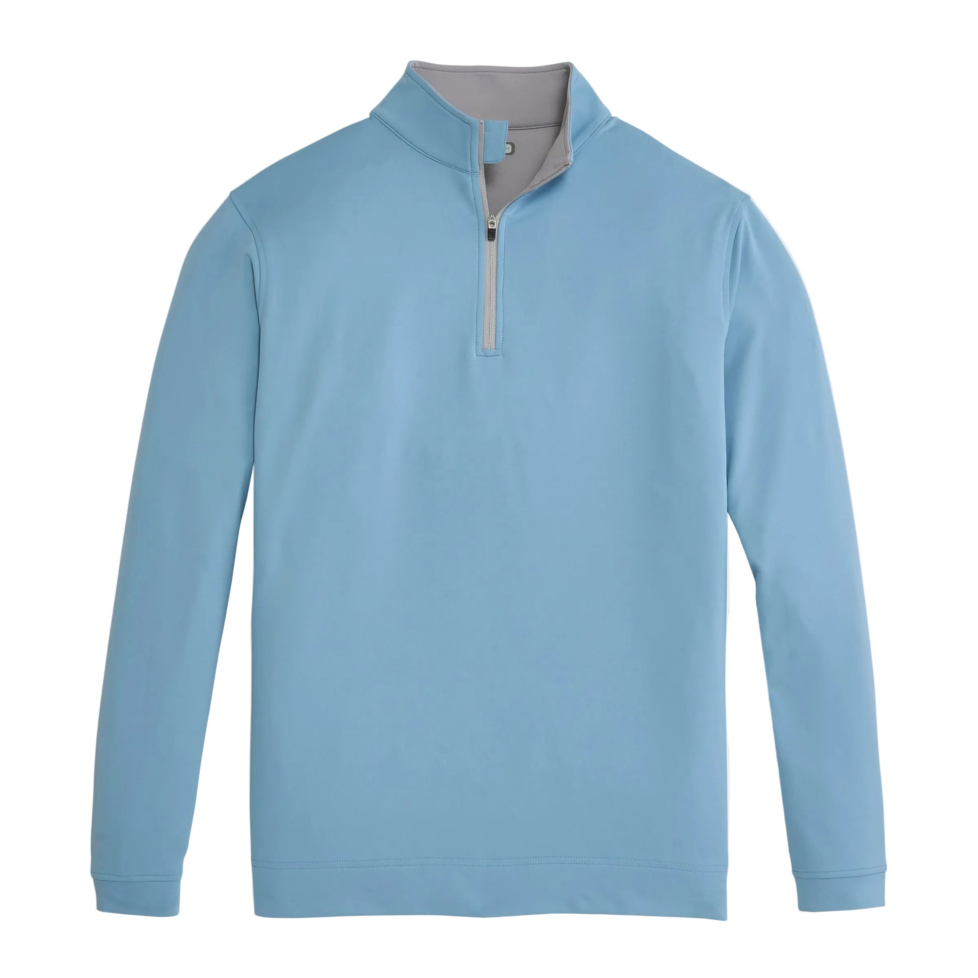 Light blue quarter-zip pullover with gray collar lining and silver zipper